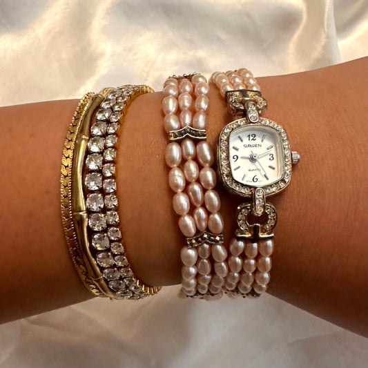 🤍 Gruen Pink Pearl Diamanté Strung Watch and Bracelet Set